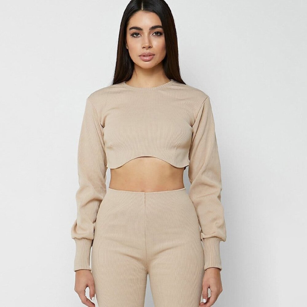 Maniere De Voir Cropped Ribbed Underbust Top Beige